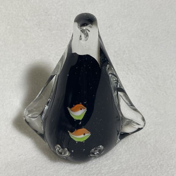 Other - Penguin Art Glass Figurine Hand blown Vintage-Black/ Clear with Colorful Fish